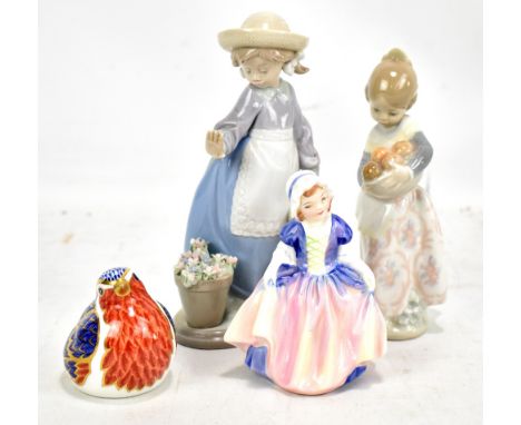 ROYAL CROWN DERBY: animal paperweight in the form of a robin, two Lladro figures and a Royal Doulton figure HN1678 'Dinky Do'