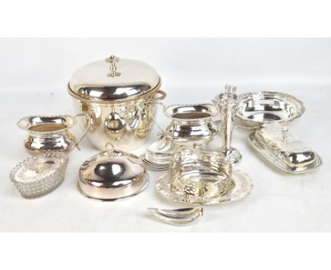 A small quantity of assorted silver plate including ice bucket, part tea service, small trays, etc.