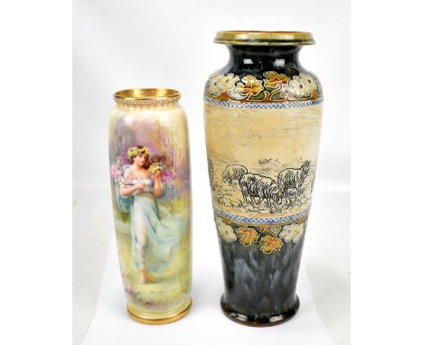 ROYAL DOULTON; a hand painted cylindrical vase by G White, painted with a maiden in a landscape, height 29cm, together with a