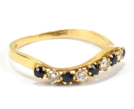 An 18ct yellow gold diamond and sapphire ring, with shaped setting, size L to M, approx 1.7g.