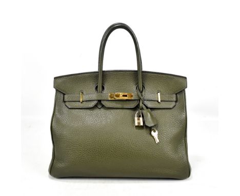 HERMÈS; a sage green 'Birkin 35' grained calf leather handbag with two top handles, gold tone hardware, purse feet, hanging k