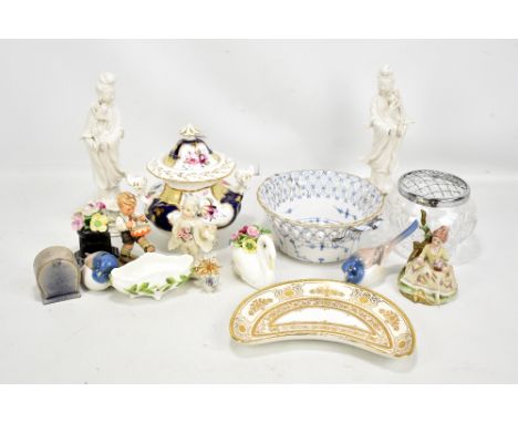 A mixed group of ceramics to include a Copenhagen twin handled pierced bowl, a Hummel figure, a twin handled lidded gilt heig