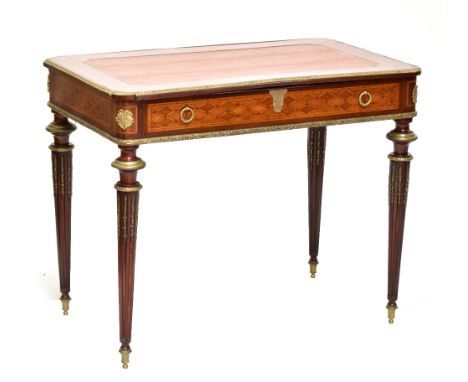 A late 19th century French walnut kingwood and satinwood veneered writing table with leather inset top above single frieze dr