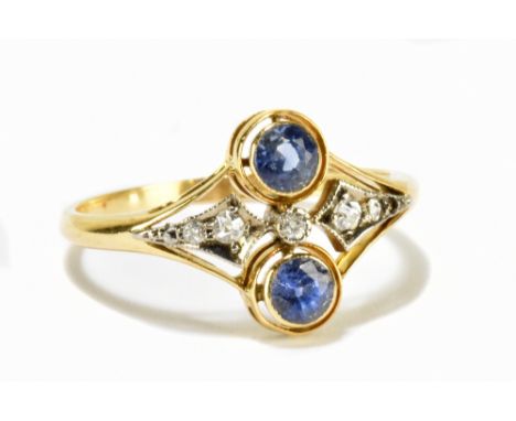 An Art Deco 18ct yellow gold diamond and blue stone ring, with open work setting, size M to N, approx 2.5g.