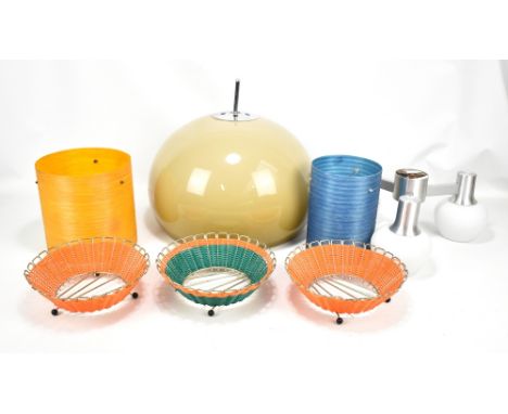 HARVEY GUZZINI FOR MEBLO; a medium sized bud pendant lamp with chrome mount, diameter 40cm and two further vintage light shad