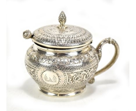 JOHN EDWARD WALTER &amp; JOHN BARNARD; a Victorian hallmarked silver handled mustard pot, with floral and foliate scroll repo