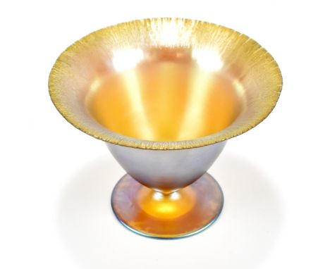 WMF; an Ikora iridescent pedestal glass vase with cut wavy rim and crackle style decoration, height 11cm, diameter 15cm.Addit