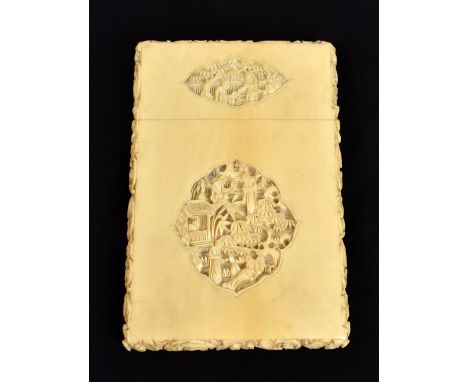 A 19th century Chinese carved ivory card case, having panelled decoration depicting figures and pagodas, with carved floral d
