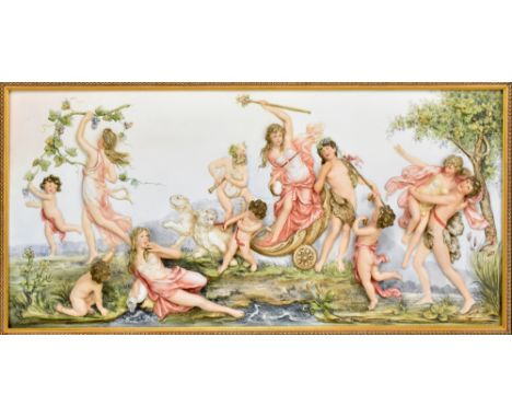 A late 19th/early 20th century painted bisque porcelain rectangular plaque depicting Classical scene in relief, unsigned, 19.