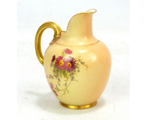 ROYAL WORCESTER; a blush ivory flat back jug painted with floral sprays, puce factory marks and date to base, height 11.5cm.A