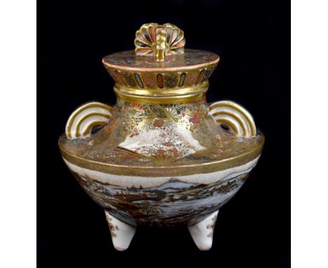ATTRIBUTED TO KAIZAN; a Japanese Satsuma jar and cover, with moulded loop handles, figural and floral painted upper panels an