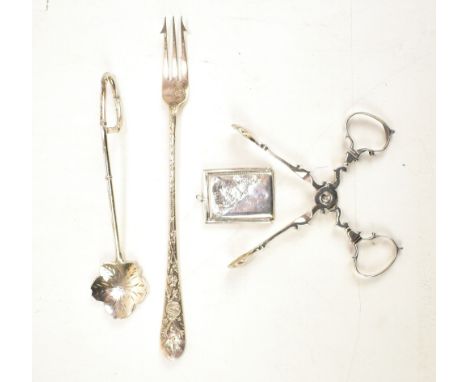 A pair of 18th century hallmarked silver sugar nips, initialled IRB, and a George V hallmarked silver double sided stamp case