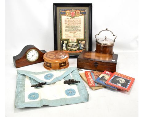 A mixed group of collectors' items including mantel clock, Masonic apron, oak and silver plate mounted ice bucket, Red Cross 