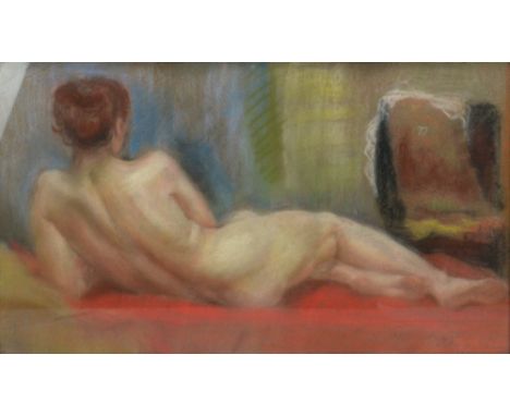 RONA KLARA (HUNGARIAN 1901-1987); pastel on paper, 'Fekvo Noi Akt', a reclining nude on a red chaise longue, signed lower rig