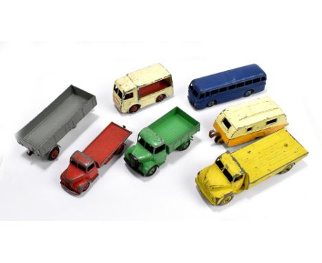 DINKY; a 'Duple Roadmaster Leyland Royal Tiger', a trailer, Bedford truck, an Electric Van with 'Express Dairy' decal, a Cara