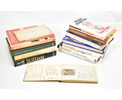 A collection of cricket related books with signed examples including 'Botham My Autobiography', 'Wickets, Catches and the Odd