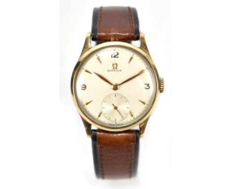 OMEGA; a gentleman's 9ct gold cased wristwatch, the circular dial set with Arabic numerals inside batons, with subsidiary sec