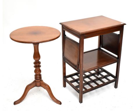 A mahogany circular tilt-top occasional table, diameter 45.5cm, and a further table with hinged top and drop-down shelves abo