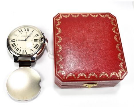 CARTIER; a Ballon Bleu travel alarm clock, 6 x 6cm, in original box with paperwork.