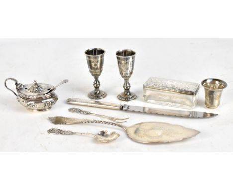 A collection of hallmarked silver and silver plate including silver lidded mustard, silver lidded trinket box, a pair of two 