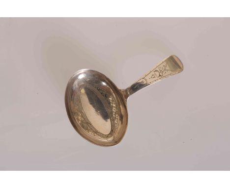 A GEORGE III SILVER CADDY SPOON, Joseph Taylor, Birmingham 1800, with oval bowl and bright-cut engraving. 7cm