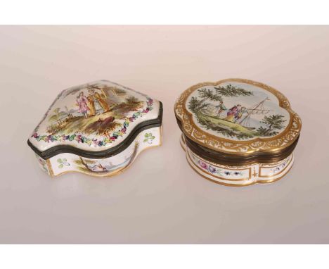 A CONTINENTAL ENAMEL BOX, 18TH CENTURY, the quatrefoil shaped box painted with figures, boat and the sea, within a gilded rim