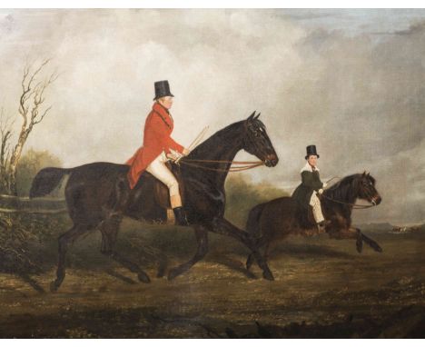 BRITISH SCHOOL (EARLY 19TH CENTURY), HUNTSMAN AND YOUNG BOY ON HORSES IN A LANDSCAPE WITH HOUNDS BEYOND, unsigned, oil on can