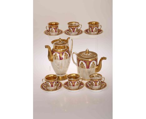 A PARIS PORCELAIN COFFEE SERVICE, 19TH CENTURY, comprising coffee pot, hot water pot, six coffee cans and saucers, decorated 