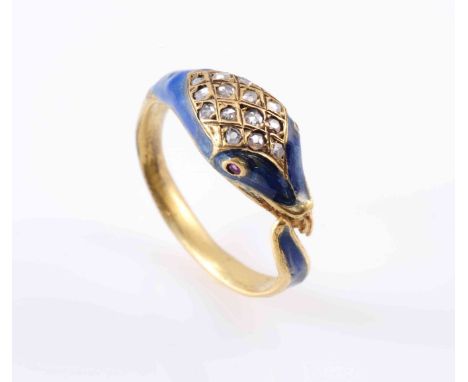A VICTORIAN GOLD, ENAMEL AND DIAMOND SNAKE RING, CIRCA 1860, the head set with blue enamel and pave set rose-cut diamonds wit