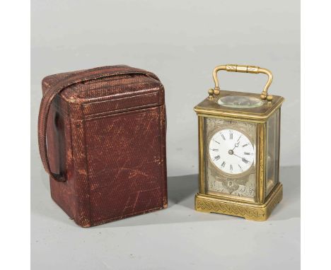 A FRENCH BRASS CARRIAGE CLOCK, 19TH CENTURY, circular dial with Roman and Arabic numerals, the case embellished with engravin