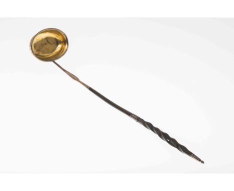 A GEORGE III SILVER PUNCH LADLE, probably Thomas Morley, London 1802, with plain oval bowl and twisted horn handle, monogramm