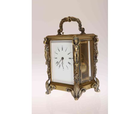 A GOOD FRENCH BRASS CASED REPEATING CARRIAGE CLOCK, 19TH CENTURY, PROBABLY BY BRUNELOT, the case with maidens at the corners 