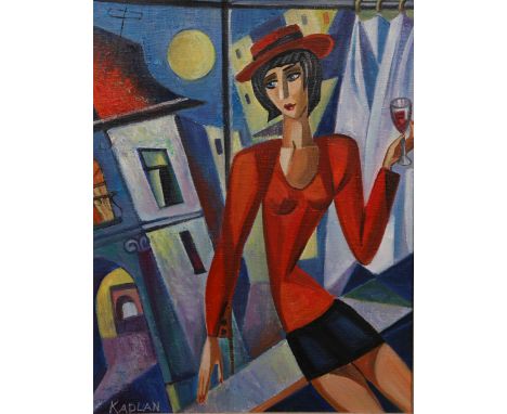 ISAAC KAPLAN, PORTRAIT OF A LADY IN RED, SEATED WITH A GLASS ON WINE, signed, oil on canvas, framed. 40cm by 31cm 