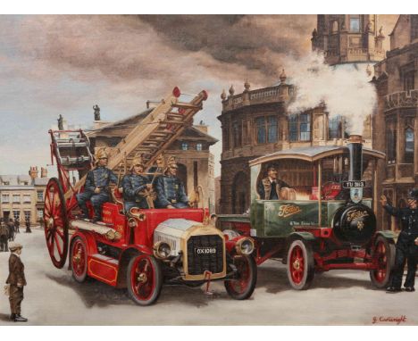 GARY CARTWRIGHT (CONTEMPORARY), THE FIRE ENGINE, oil painting for Waddington Jigsaws, framed. 40cm by 50cm 