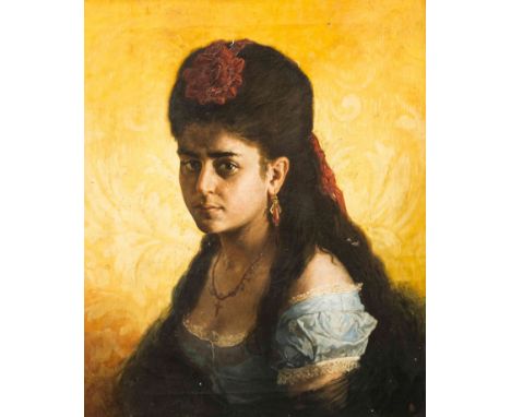 MANNER OF JOHN PHILLIPS (1817-1867), PORTRAIT OF A SPANISH GIRL, half length with a red headdress and wearing a lace trimmed 