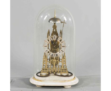 A VICTORIAN BRASS SINGLE FUSEE SKELETON CLOCK, of architectural form with Gothic pointed arches, the silvered chapter with Ro