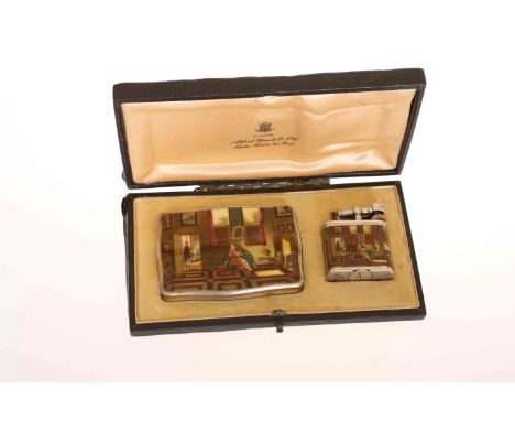 DUNHILL, A SILVER AND ENAMEL CIGARETTE CASE AND LIGHTER, each decorated with a pictorial enamel of a lady reading at a table 