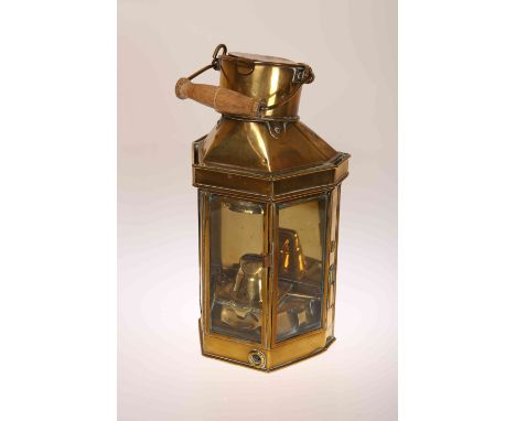 A BRASS LANTERN, signed Best & Lloyd Ltd, Birmingham and dated 1941; further signed Bulpitt & Sons Ltd. 41cm excluding handle