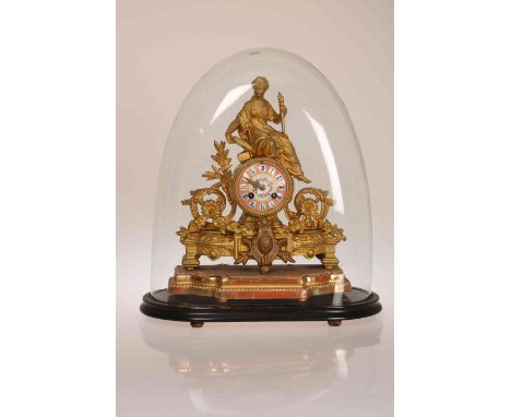 FRENCH GILT METAL MANTEL CLOCK, 19TH CENTURY, RETAILED BY J.W. BENSON, the case surmounted by a Classical maiden holding a fl