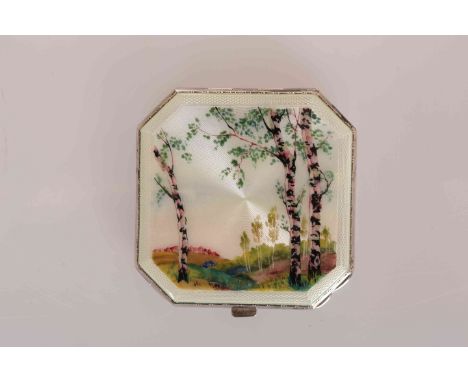A SILVER AND ENAMEL COMPACT, Henry Clifford Davis, Birmingham 1956, square with canted corners, the engine turned enamel depi