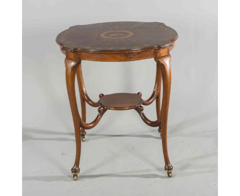 AN EDWARDIAN INLAID MAHOGANY OCCASIONAL TABLE, the moulded top of serpentine outline, inlaid with a musical trophy and Classi