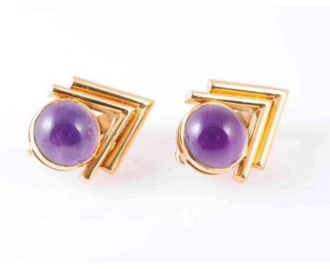 A PAIR OF AMETHYST EARRINGS, CIRCA 1950, the round cabochon cut amethyst collet set to the top of a double triangular moulded