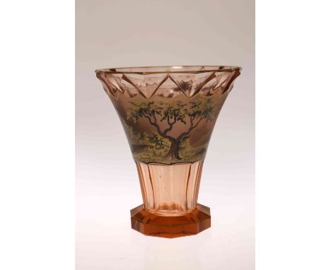 AN EARLY 20TH CENTURY BOHEMIAN GLASS VASE, signed Berndt, enamel and gilt decorated with a coaching scene. 13cm