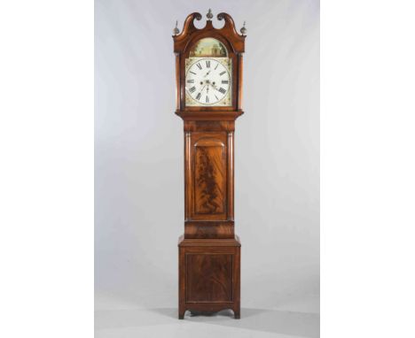 A 19TH CENTURY MAHOGANY EIGHT DAY LONGCASE CLOCK, the 12½ inch break arch dial painted with Crystal Palace in the arch, subsi