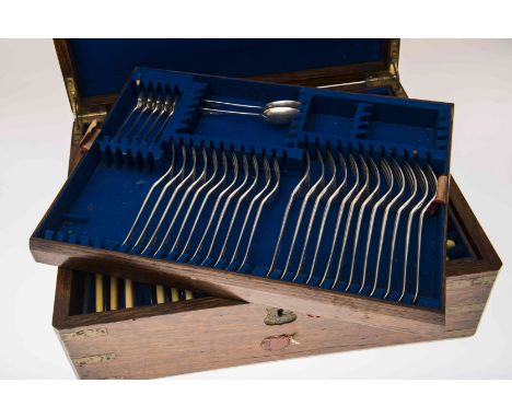 AN OAK CASED CANTEEN OF VICTORIAN SILVER FLATWARE, George Maudsley Jackson, London 1896, comprising twelve dinner forks, elev