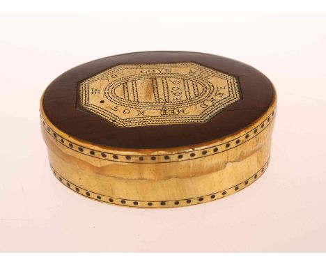A WILLIAM III FRUITWOOD AND HORN SNUFF BOX, oval, the fruitwood inset cover with horn plaque engraved IF YOU LOVE ME LEND ME 