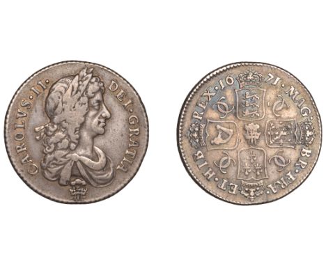 Charles II (1660-1685), Shilling, 1671, second bust, plume below and in centre of rev., no stop before dei or after hib, harp