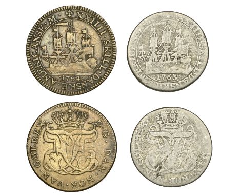 Danish West Indies, Frederick V, 24 Skilling, 1763 (H. 6; KM. 9); together with a similar contemporary forgery, 1764, struck 