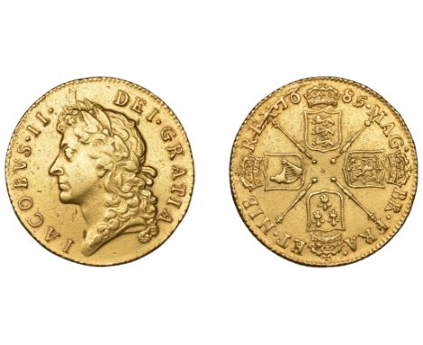 James II (1685-1688), Guinea, 1685, first bust variety (Bull 321; S 3400). Die flaw through legend in first quarter of revers