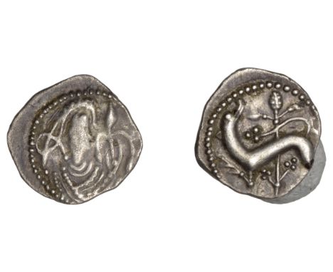 Early Anglo-Saxon Period, Sceatta, Secondary series K, type 42, draped bust right, hair knotted behind, holding flower, rev. 